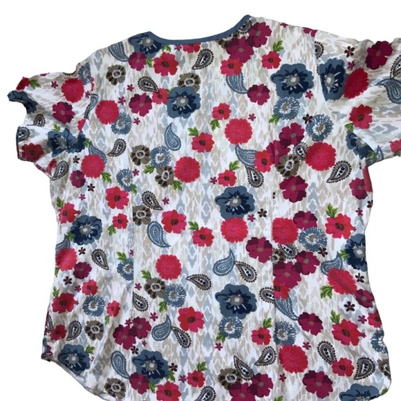 UA Scrubs Top Red Floral with Blue Brown Paisley Print Size LG - Picture 2 of 8